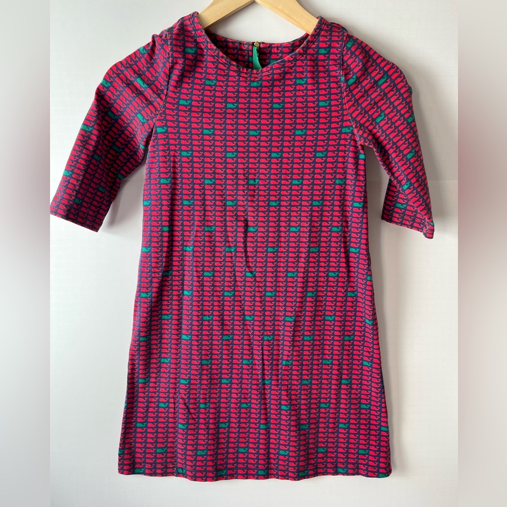 Vineyard Vines Red and Green Whale Patterned Holiday Dress Kids Size S 7-8